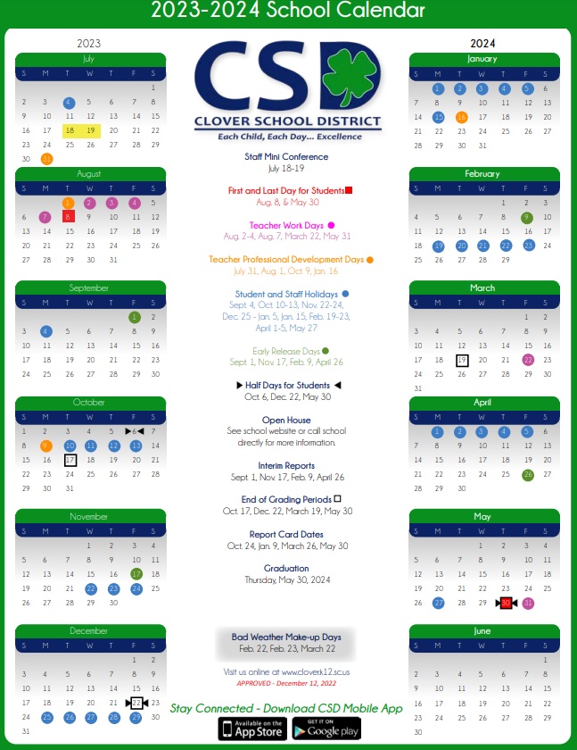 School Calendar for Clover, SC schools 2023-2024