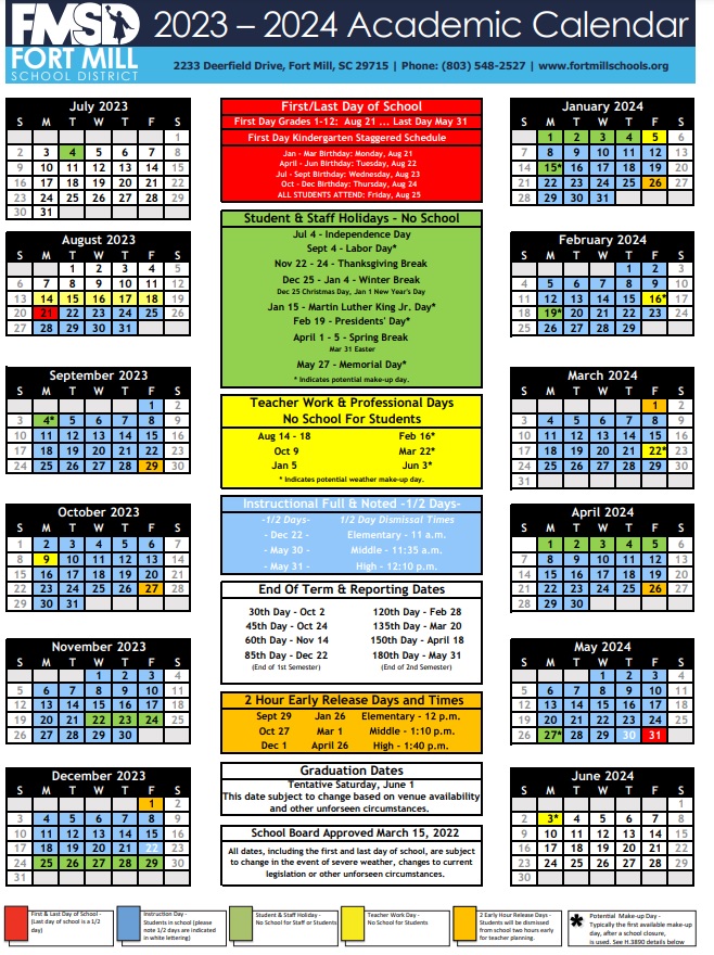 School calendar for Fort Mill, SC 2023-2024