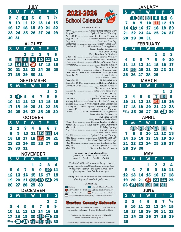 School Calendar For Gaston County, NC 2023-2024