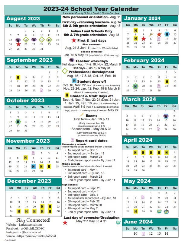 Schools calendar for Lancaster County, SC 2023-2024