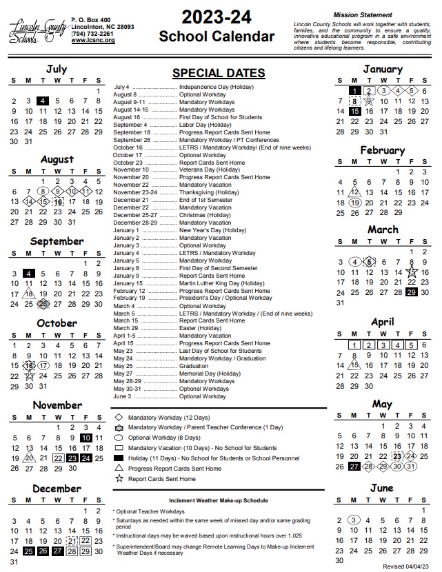 School Calendar 2023-2024 for Lincoln County, NC
