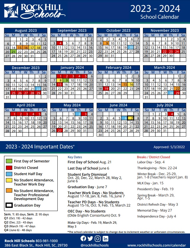 School Calendar for Rock Hill, SC for 2023-2024