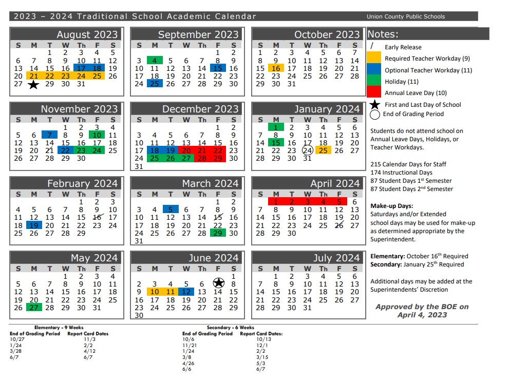 School calendar 2023/2024 for Union County, NC