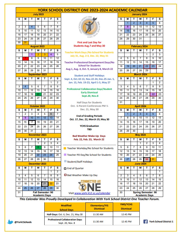 School calendar for York County, SC 2023-2024