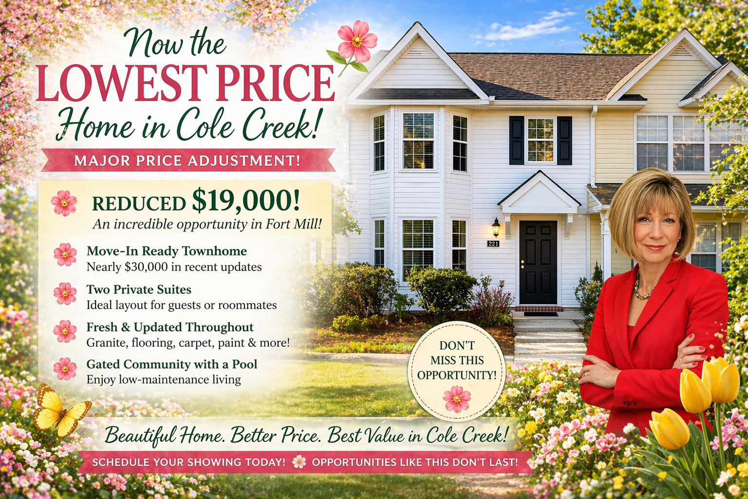 Lowest Priced Cole Creek Townhome in Fort Mill—Reduced $19K