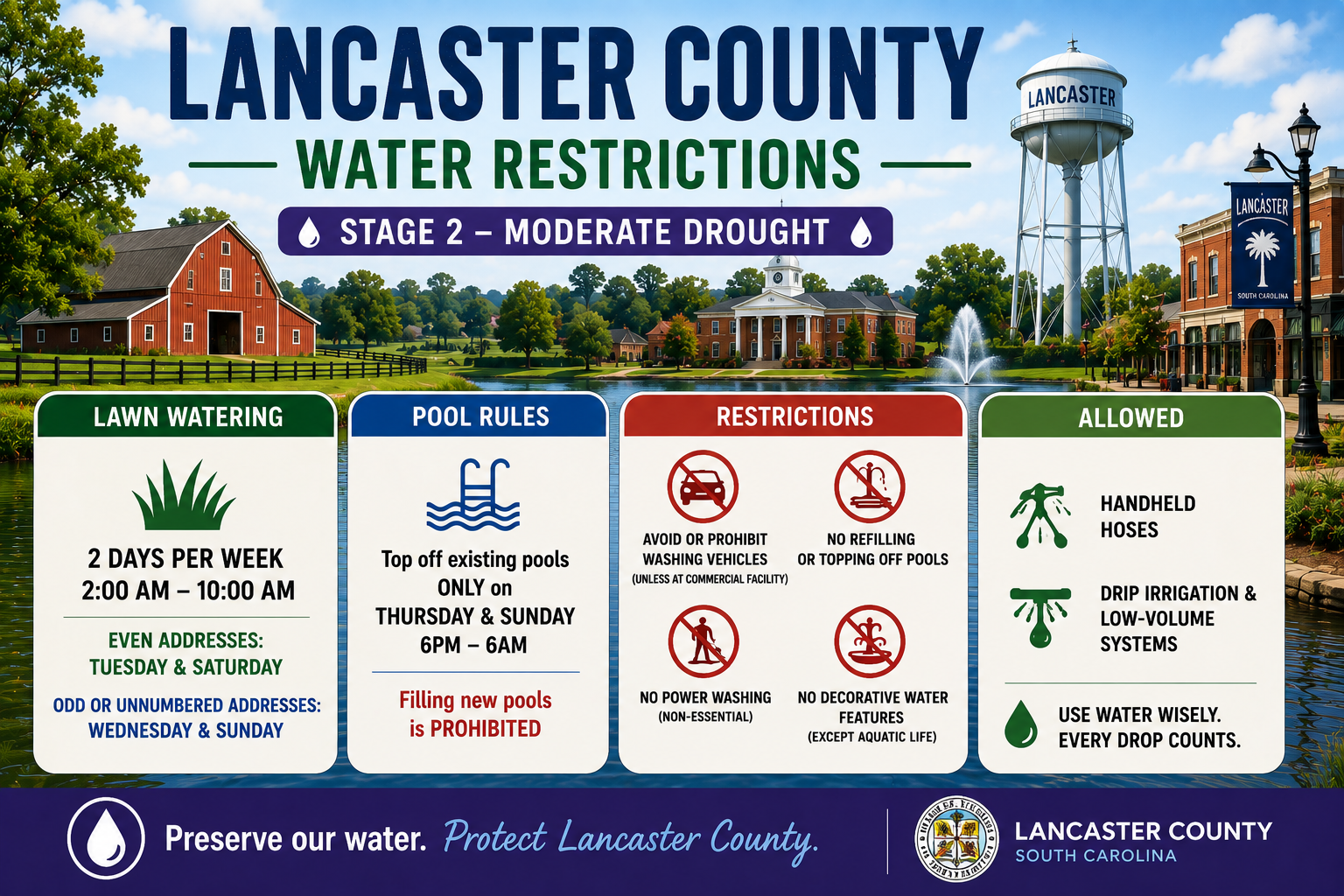 Lancaster County, SC mandatory water restrictions in 2026 due to drought